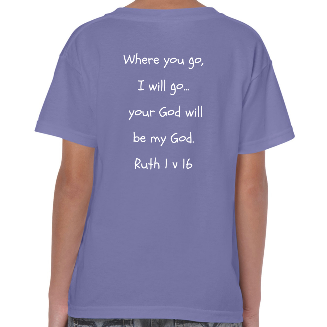 Ruth Bible Hero Violet T Shirt Back Where you go I will go