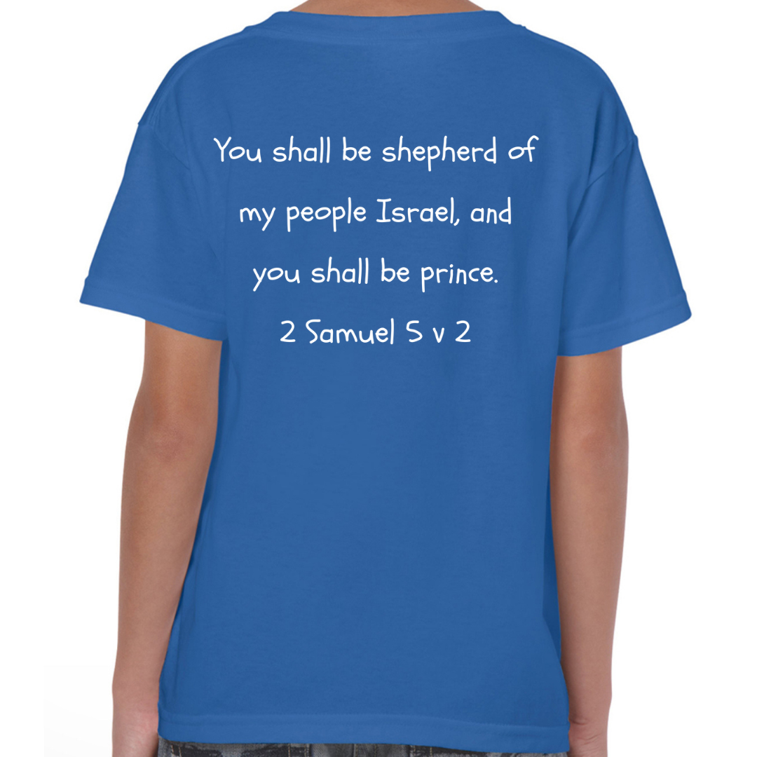 David Bible Hero Royal Blue T Shirt Back - Shepherd of my people