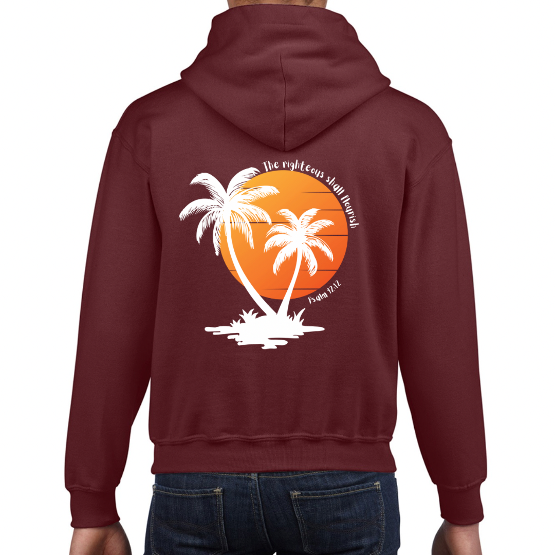 Children’s Christian Hoodie, The Righteous Shall Flourish Psalm 92:12, Palm Tree Sunset Design