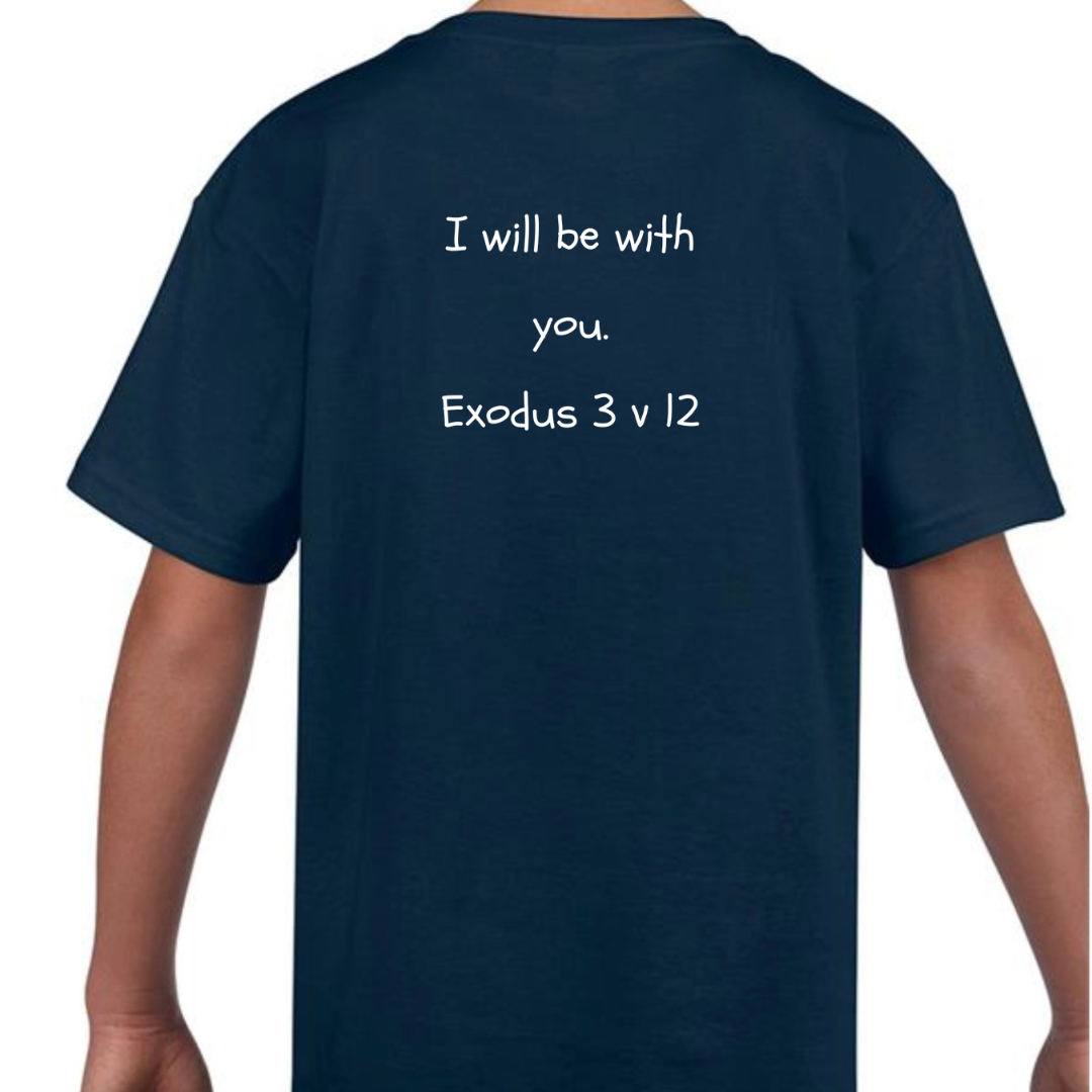 Moses Bible Hero Navy T Shirt Back I will be with you