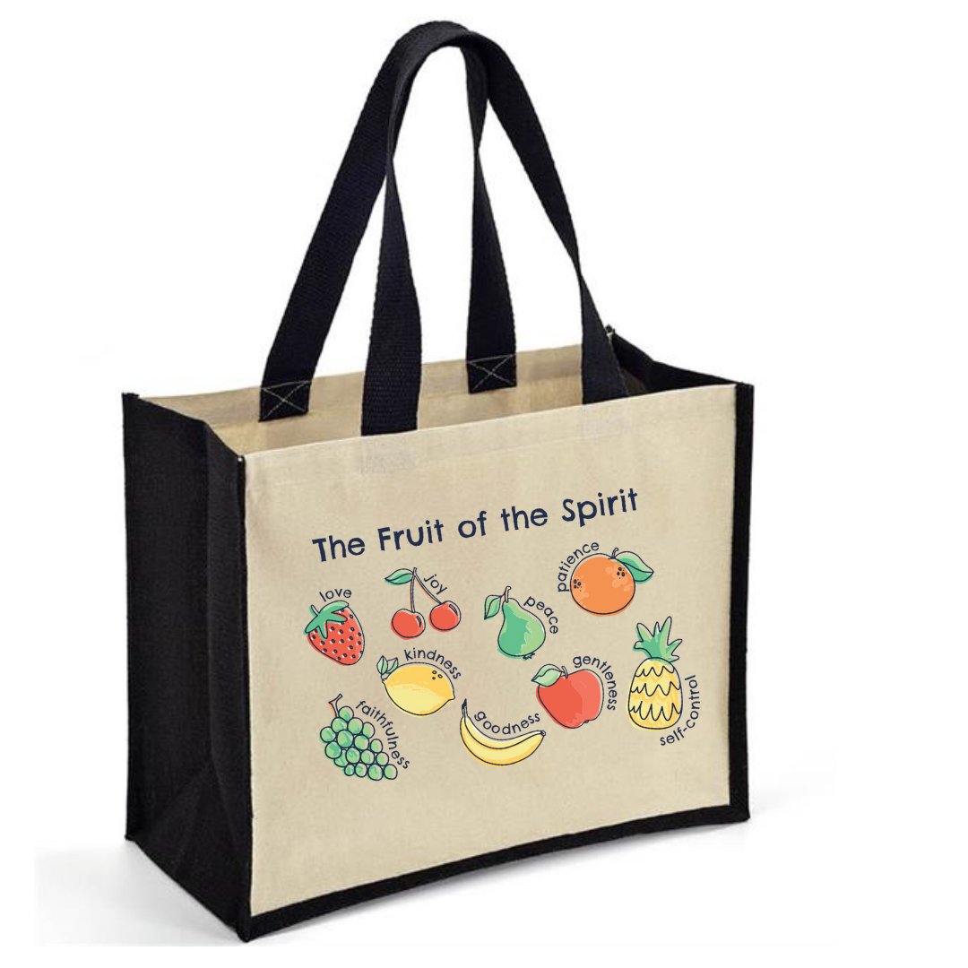 fruits of the spirit Jute bag, bible verse bag black