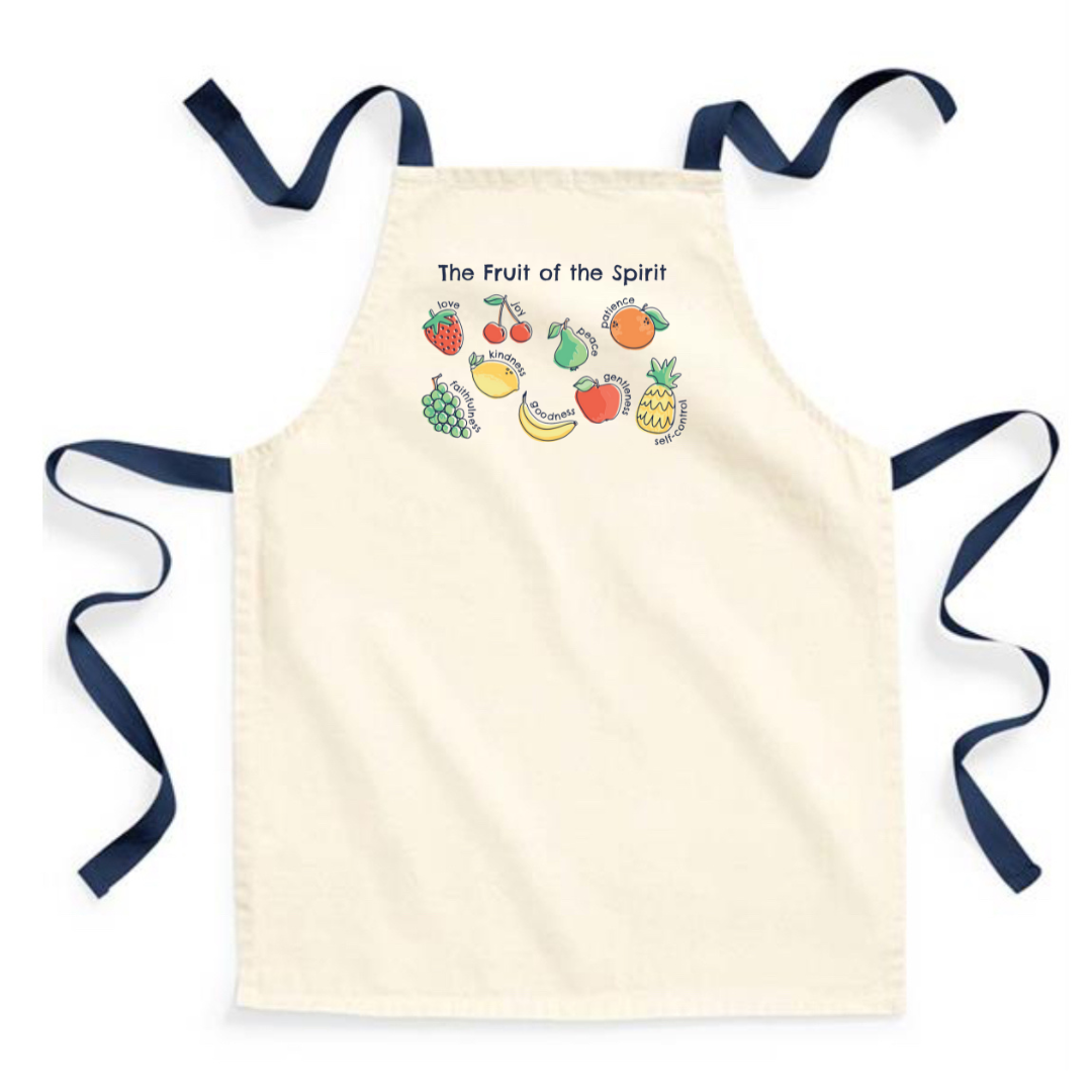 Navy straps, canvas kids/ children's apron, fruits of the spirit