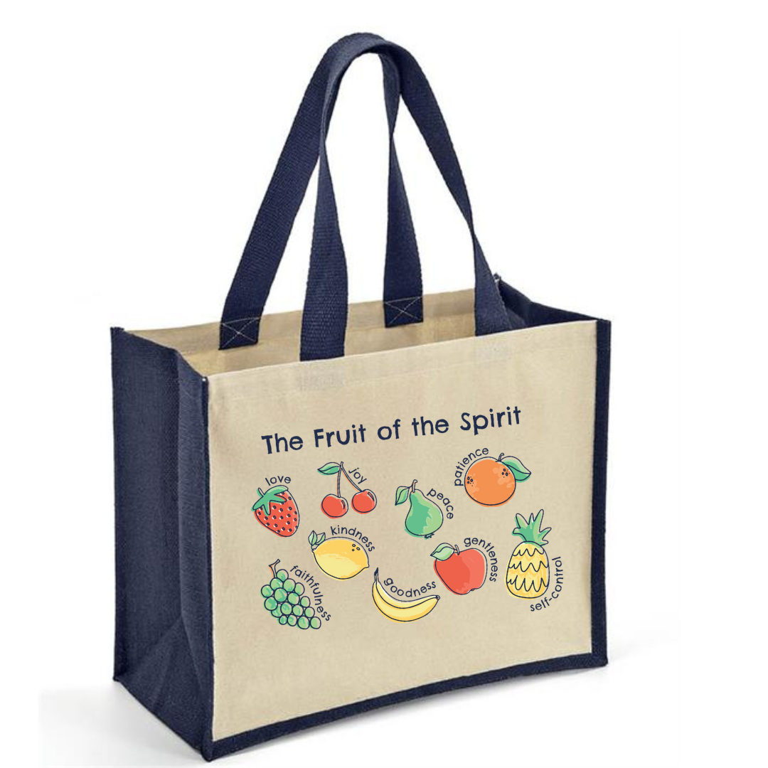 fruits of the spirit Jute bag, bible verse bag, navy