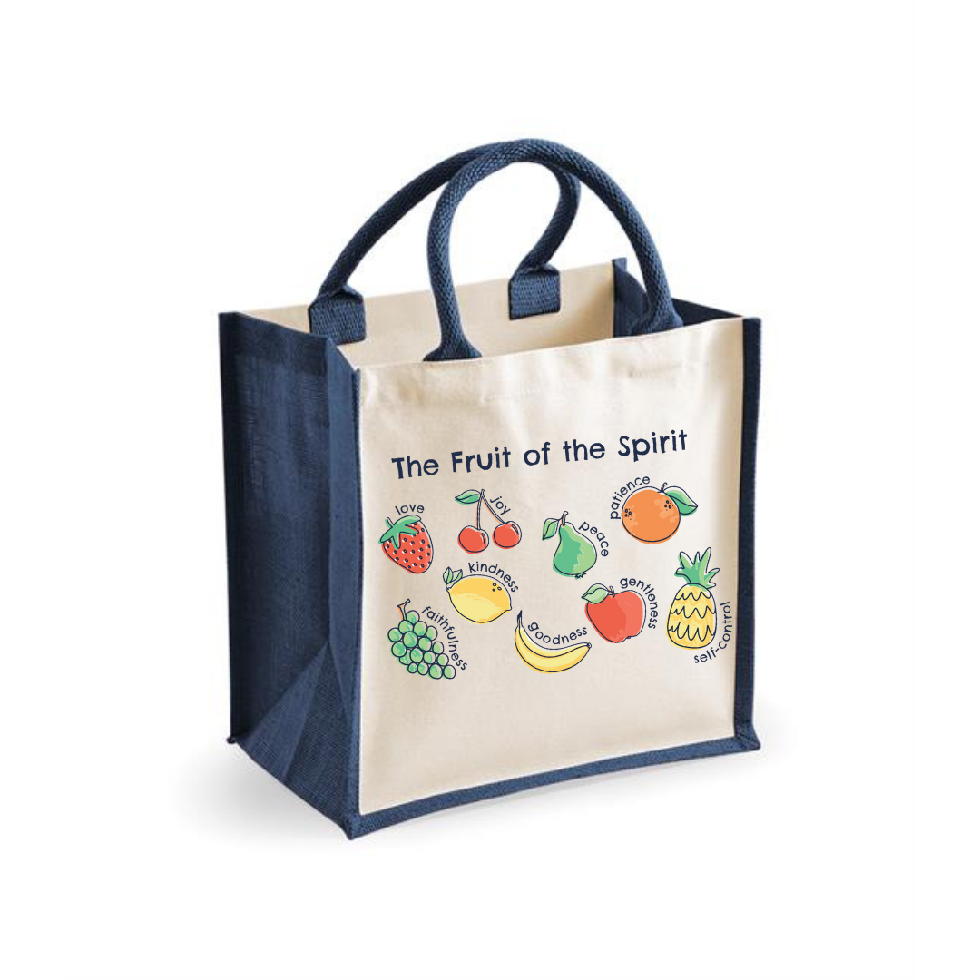 fruits of the spirit Jute bag, bible verse bag, navy