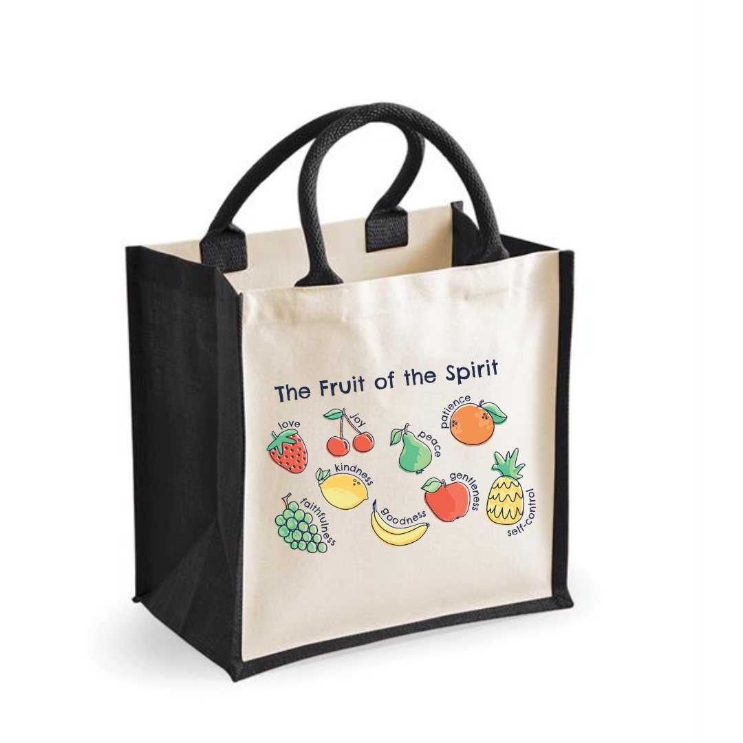 fruits of the spirit Jute bag, bible verse bag, black