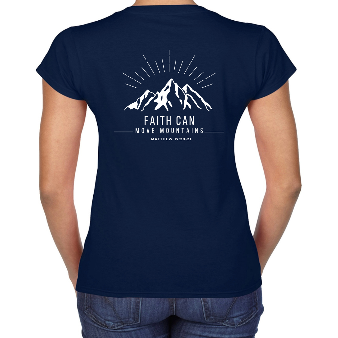 Dark Blue Faith Can Move Mountains Women's T Shirt Back