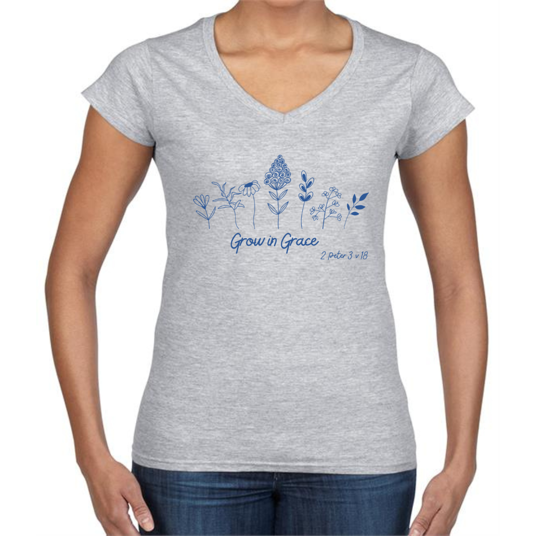 Grey V Neck Grow in Grace Women's T Shirt