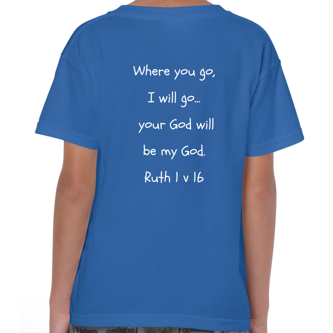 Ruth Bible Hero Blue T Shirt Back Where you go I will go