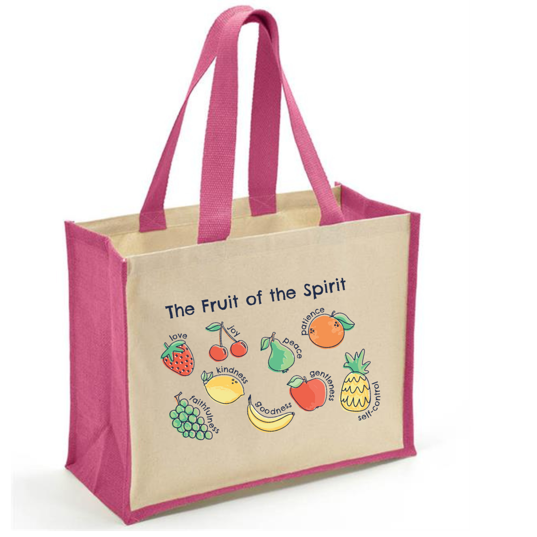 fruits of the spirit Jute and canvas bag, bible verse bag bright pink