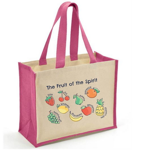 fruits of the spirit Jute and canvas bag, bible verse bag bright pink