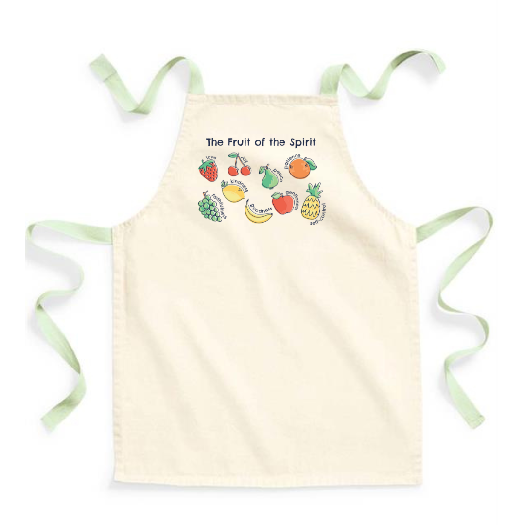 Pale green, canvas kids/ children's apron, fruits of the spirit