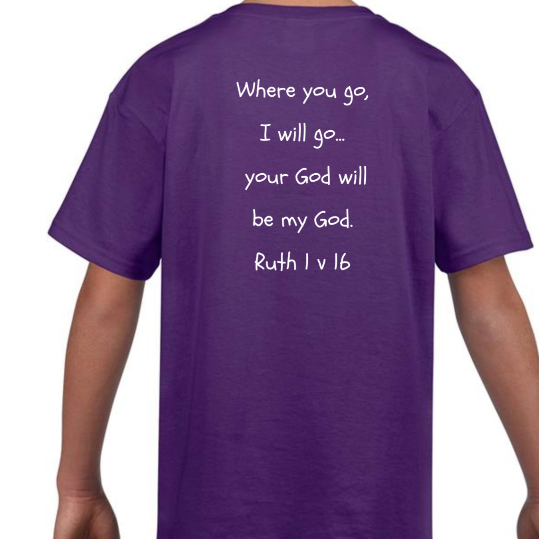 Ruth Bible Hero Purple T Shirt Back Where you go I will go