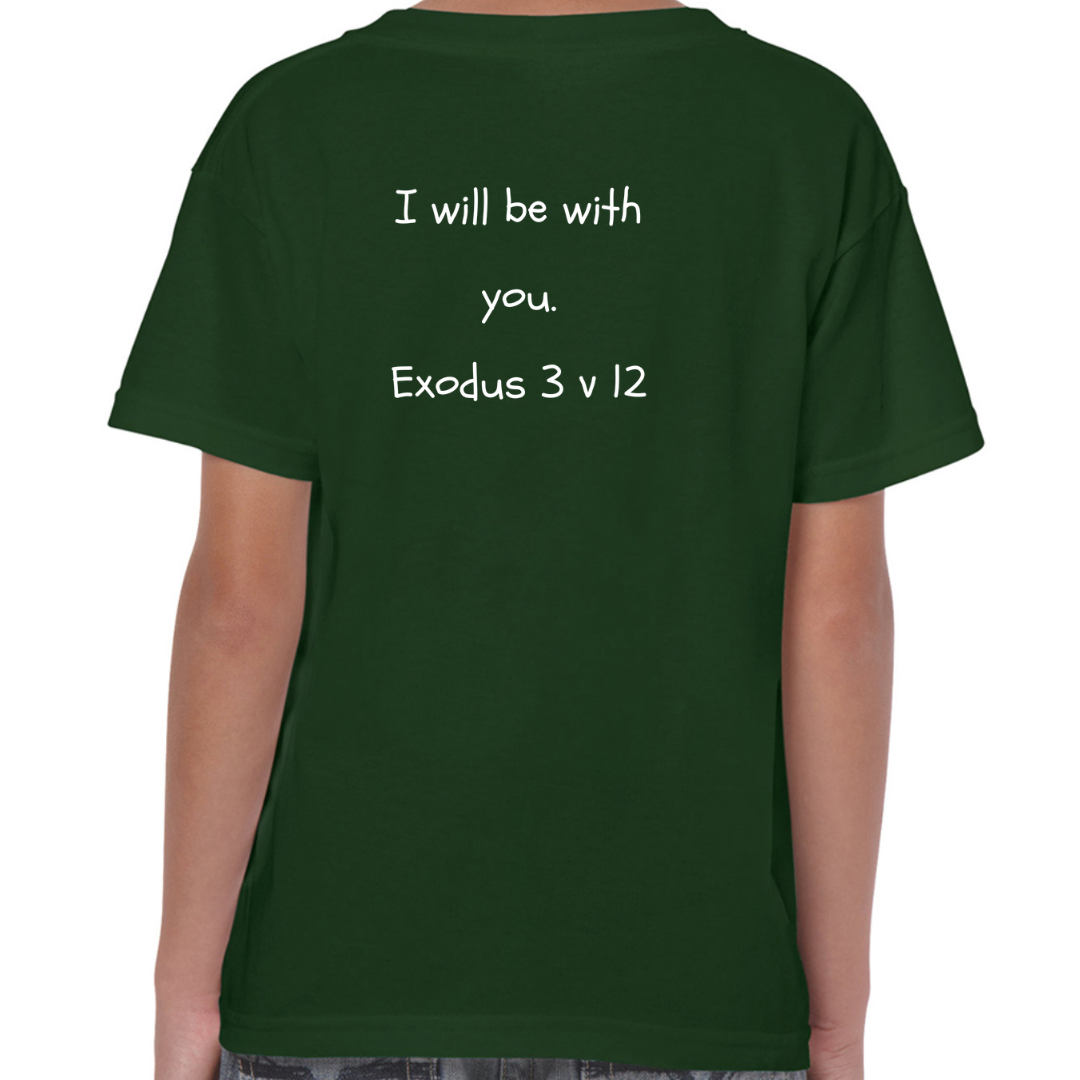 Moses Bible Hero Forest Green T Shirt Back I will be with you