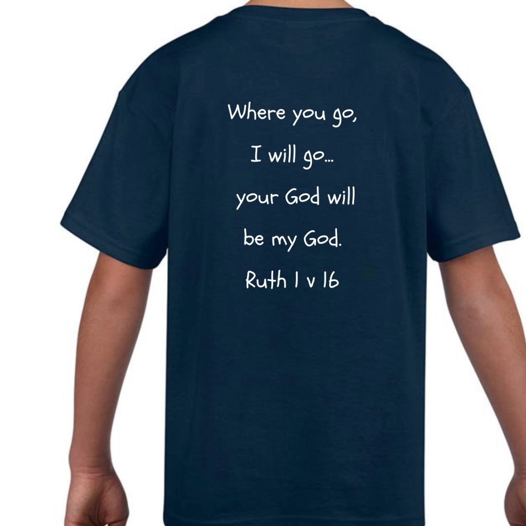 Ruth Bible Hero Navy T Shirt Back Where you go I will go