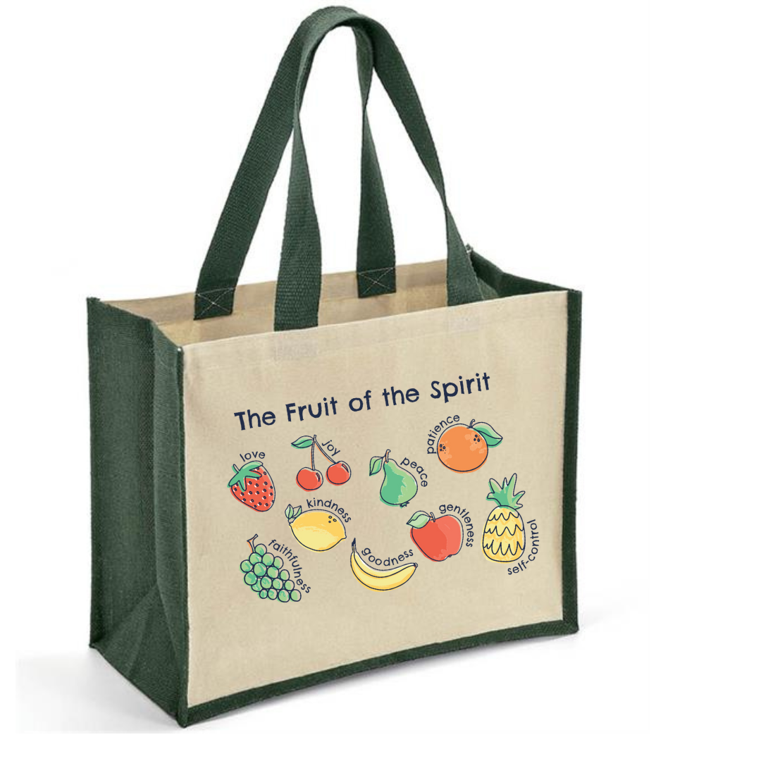 fruits of the spirit Jute bag, bible verse bag, forest green