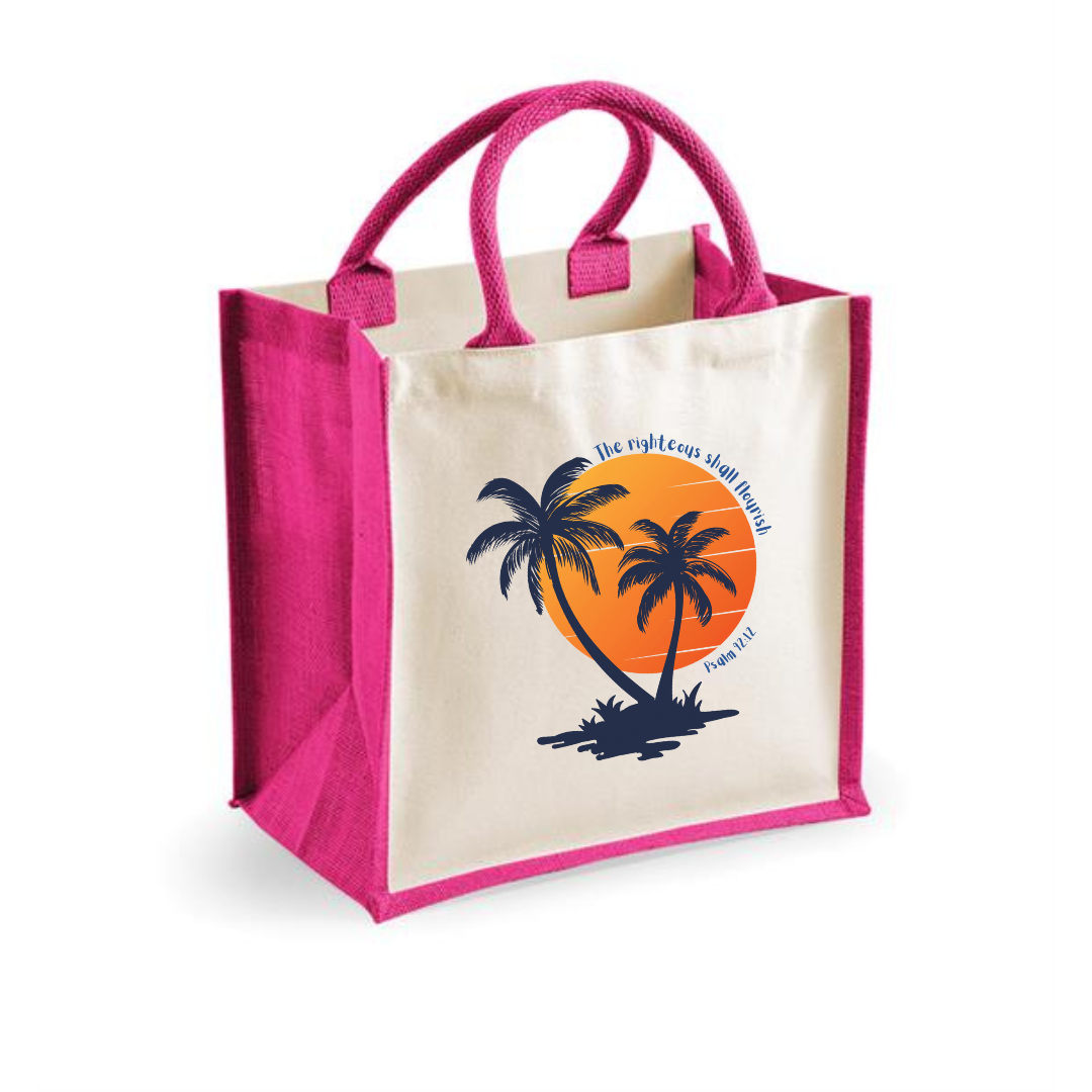 Christian Jute Canvas Tote Bag – The Righteous Shall Flourish Psalm 92:12, Palm Tree Sunset