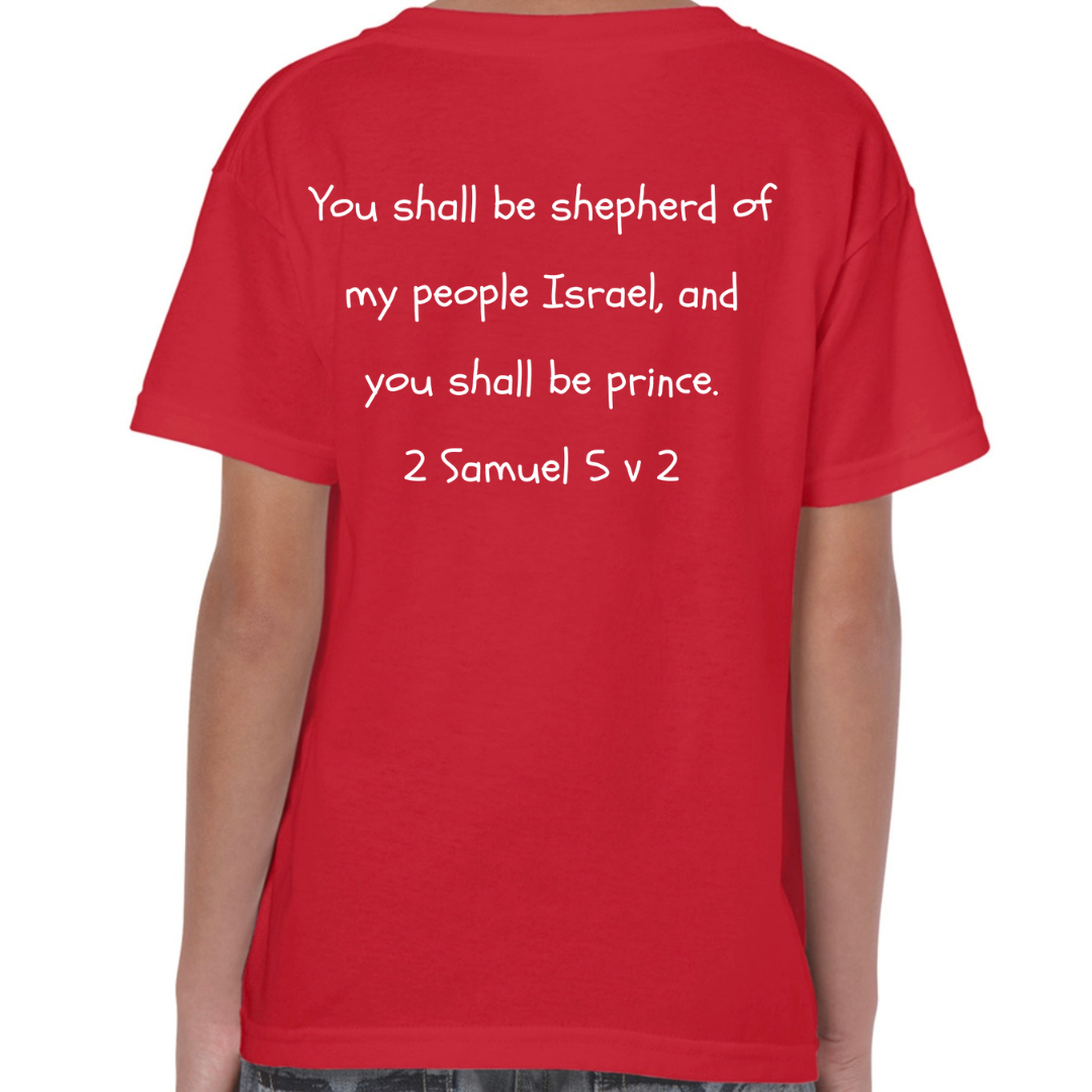 David Bible Hero Red T Shirt Back - Shepherd of my people