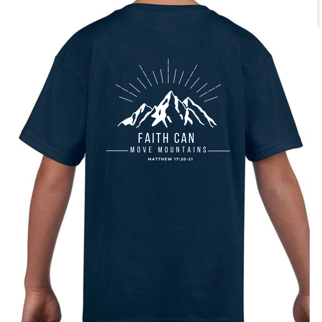 Navy Faith Can Move Mountains Child's T Shirt Back