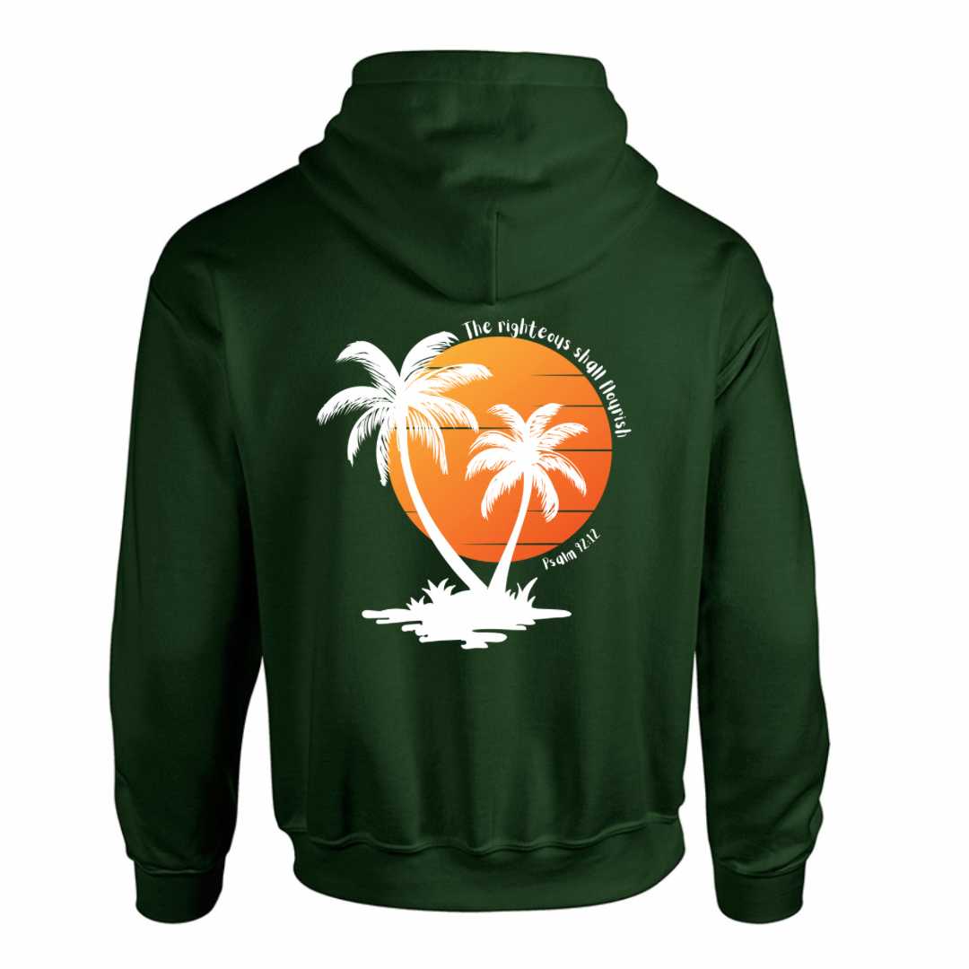 Unisex Christian Hoodie, The Righteous Shall Flourish Psalm 92:12, Palm Tree Sunset