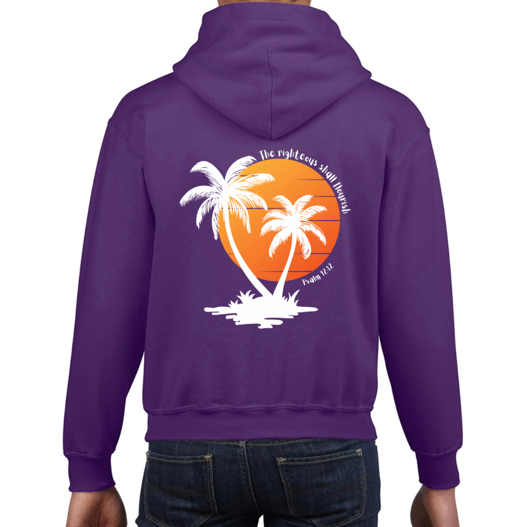 Children’s Christian Hoodie, The Righteous Shall Flourish Psalm 92:12, Palm Tree Sunset Design
