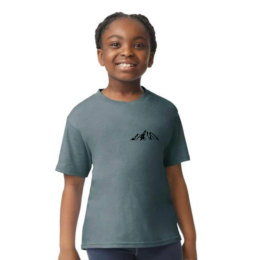 Dark Heather Faith Can Move Mountains Child's T Shirt Front