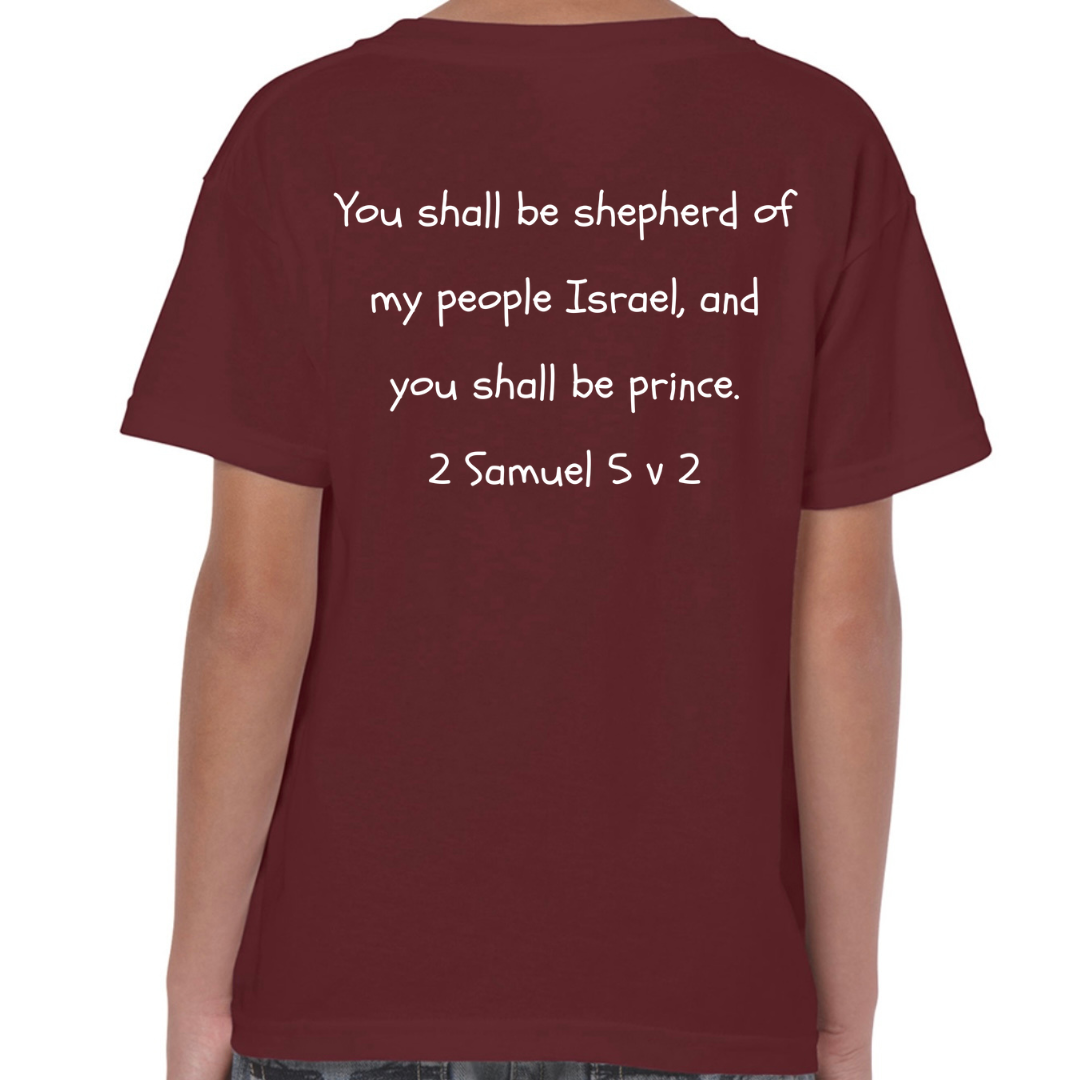 David Bible Hero Maroon T Shirt Back - Shepherd of my people