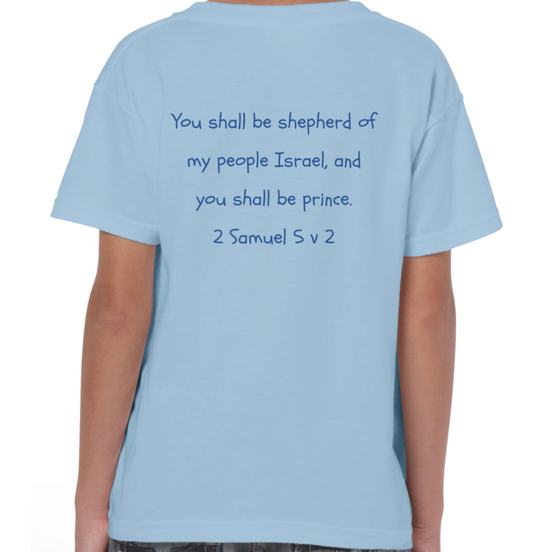 David Bible Hero Light Blue T Shirt Back - Shepherd of my people