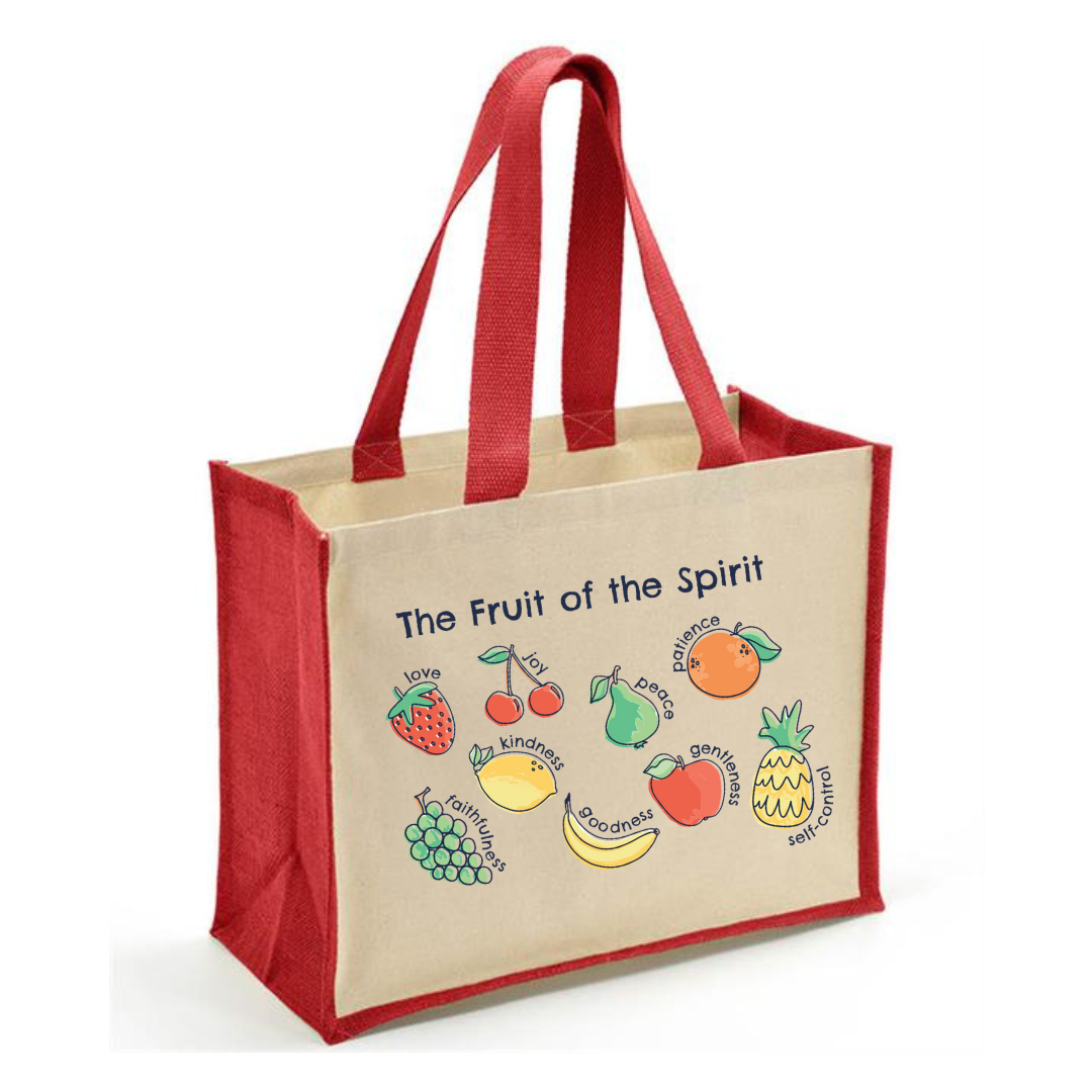 fruits of the spirit Jute bag, bible verse bag, bright red