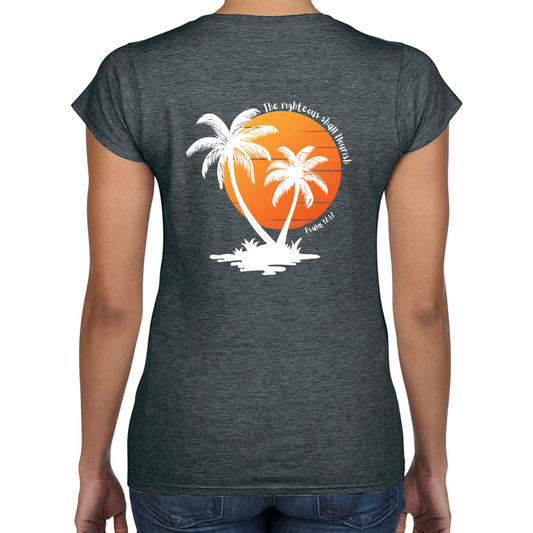 Ladies’ Fitted Christian T-Shirt – The Righteous Shall Flourish Psalm 92:12, Palm Tree Sunset