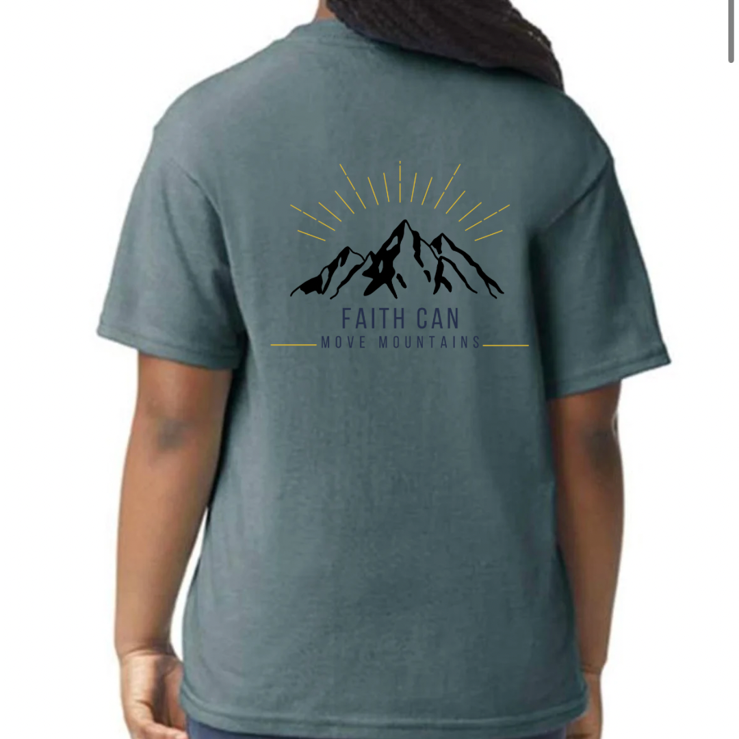 Dark Heather Faith Can Move Mountains Child's T Shirt Back