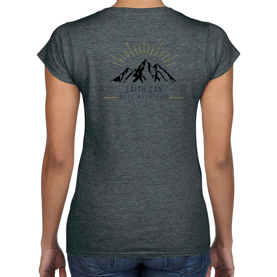 Dark Grey Faith Can Move Mountains Women's T Shirt Back