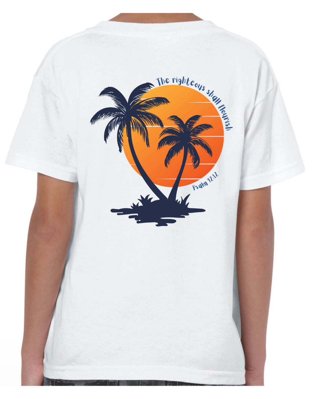 Christian Children’s t shirt – The Righteous Shall Flourish Psalm 92:12, Palm Tree Sunset
