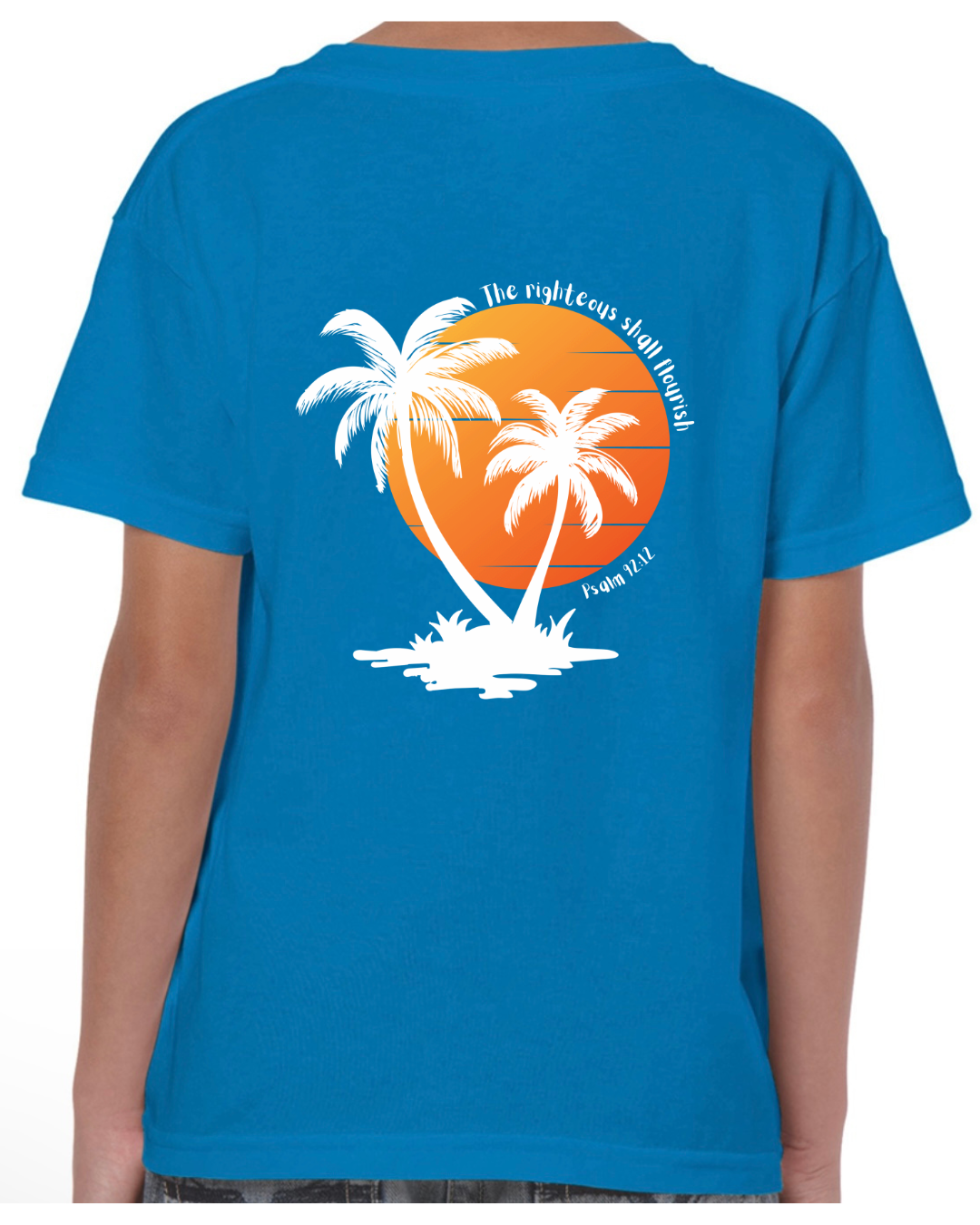 Christian Children’s t shirt – The Righteous Shall Flourish Psalm 92:12, Palm Tree Sunset