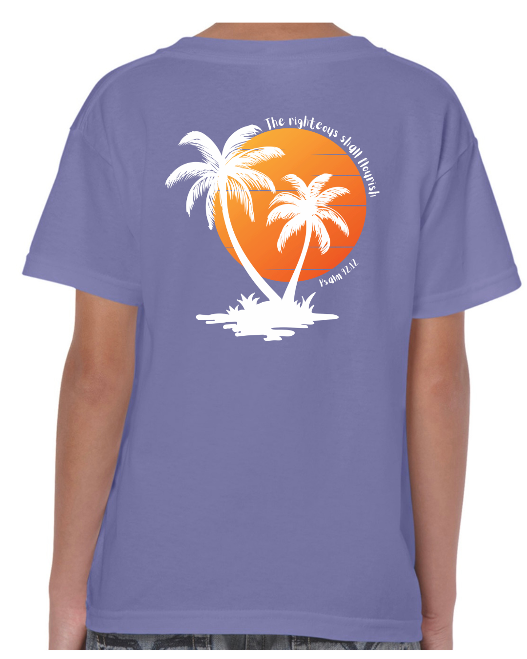 Christian Children’s t shirt – The Righteous Shall Flourish Psalm 92:12, Palm Tree Sunset
