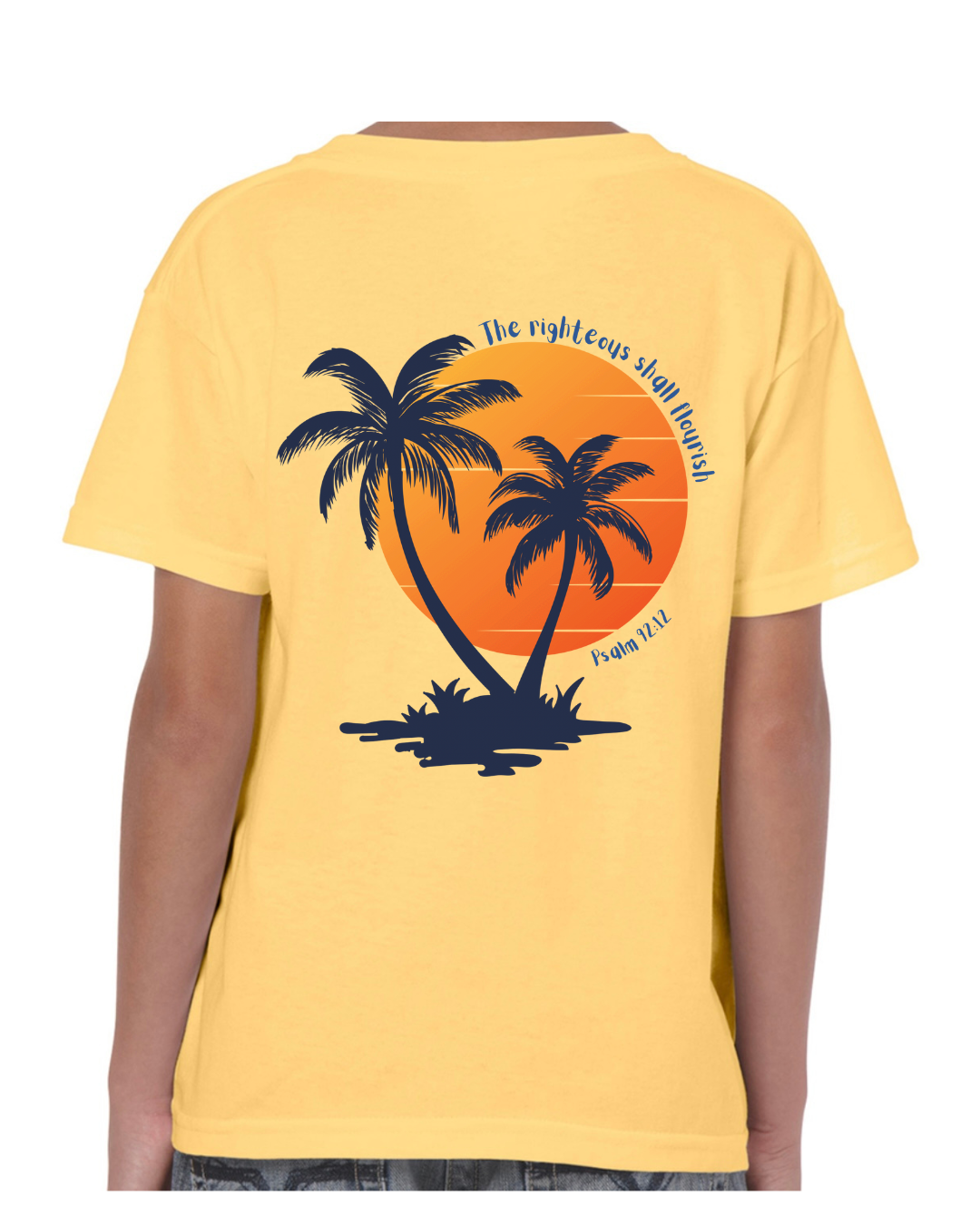 Christian Children’s t shirt – The Righteous Shall Flourish Psalm 92:12, Palm Tree Sunset