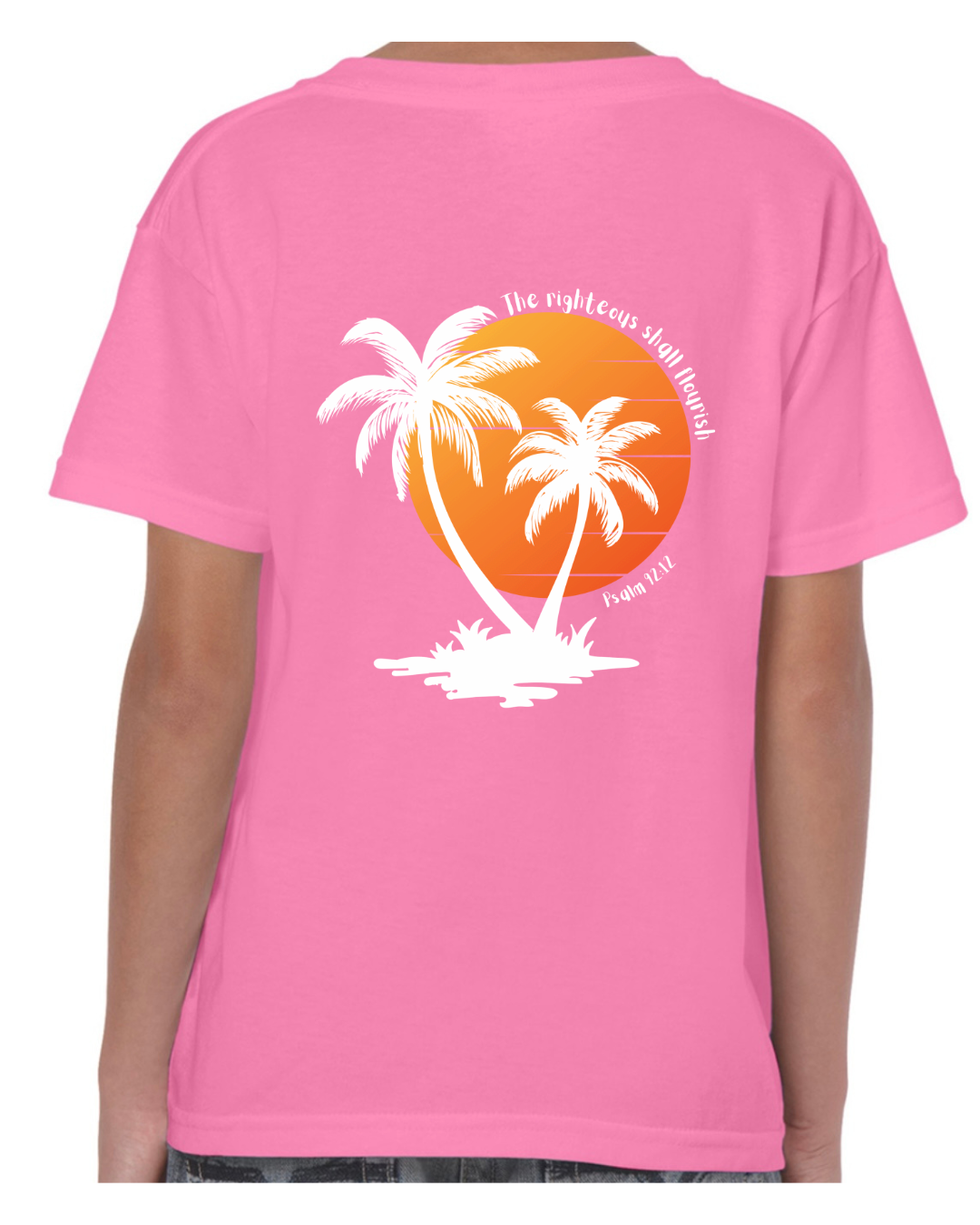 Christian Children’s t shirt – The Righteous Shall Flourish Psalm 92:12, Palm Tree Sunset