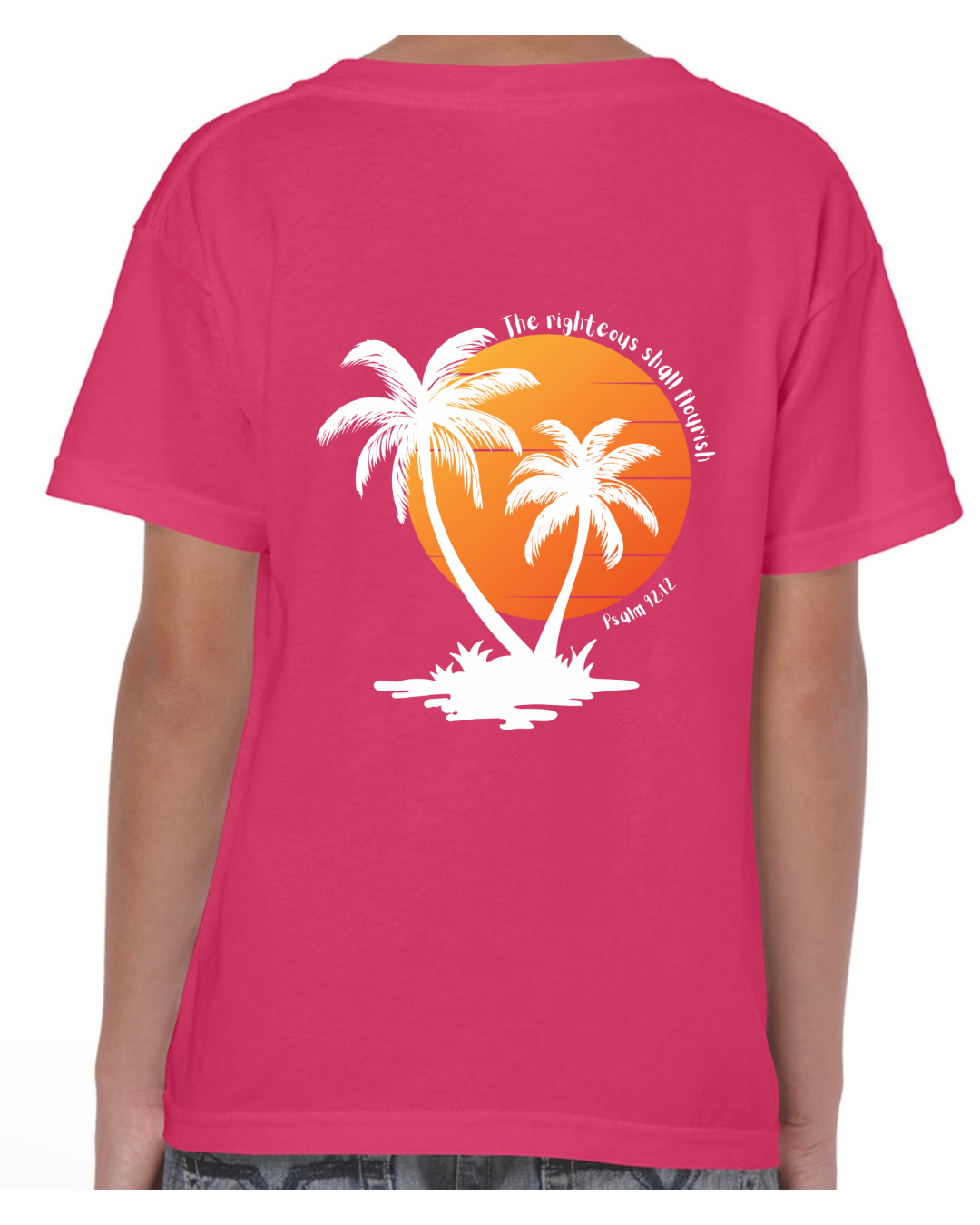 Christian Children’s t shirt – The Righteous Shall Flourish Psalm 92:12, Palm Tree Sunset
