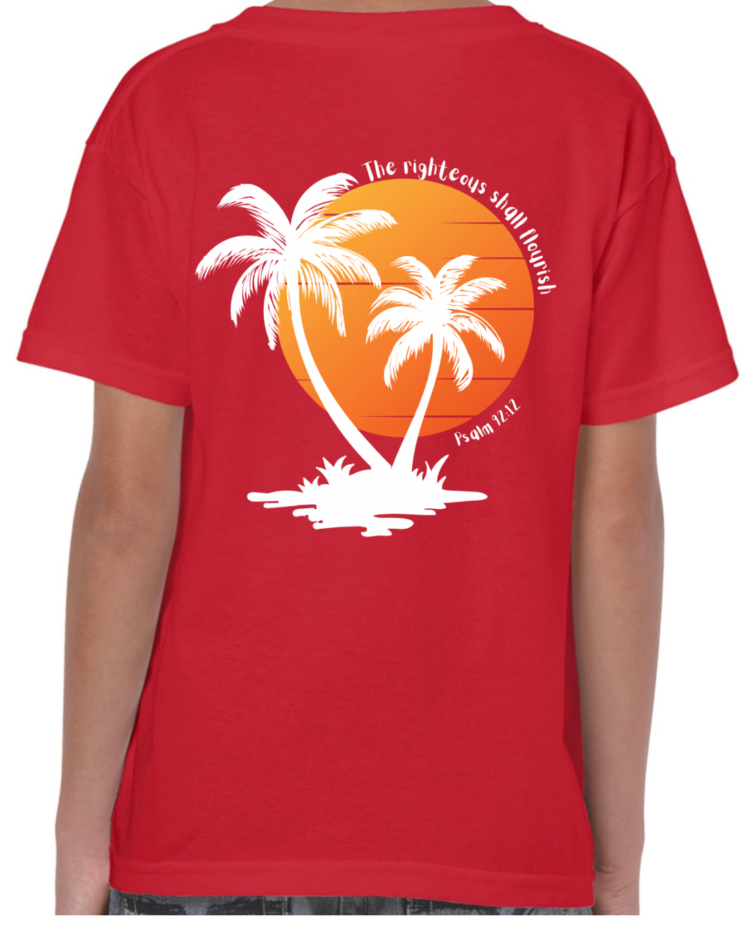 Christian Children’s t shirt – The Righteous Shall Flourish Psalm 92:12, Palm Tree Sunset