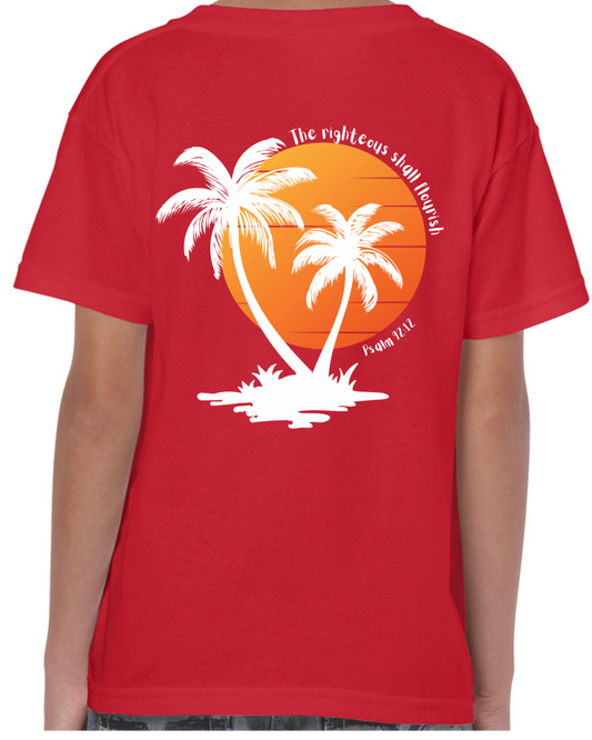 Christian Children’s t shirt – The Righteous Shall Flourish Psalm 92:12, Palm Tree Sunset